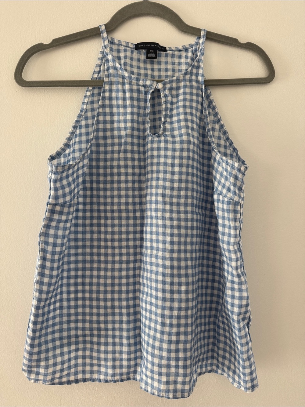 Saks Fifth Avenue Blue and White Gingham Halter Camisole with Keyhole Detail